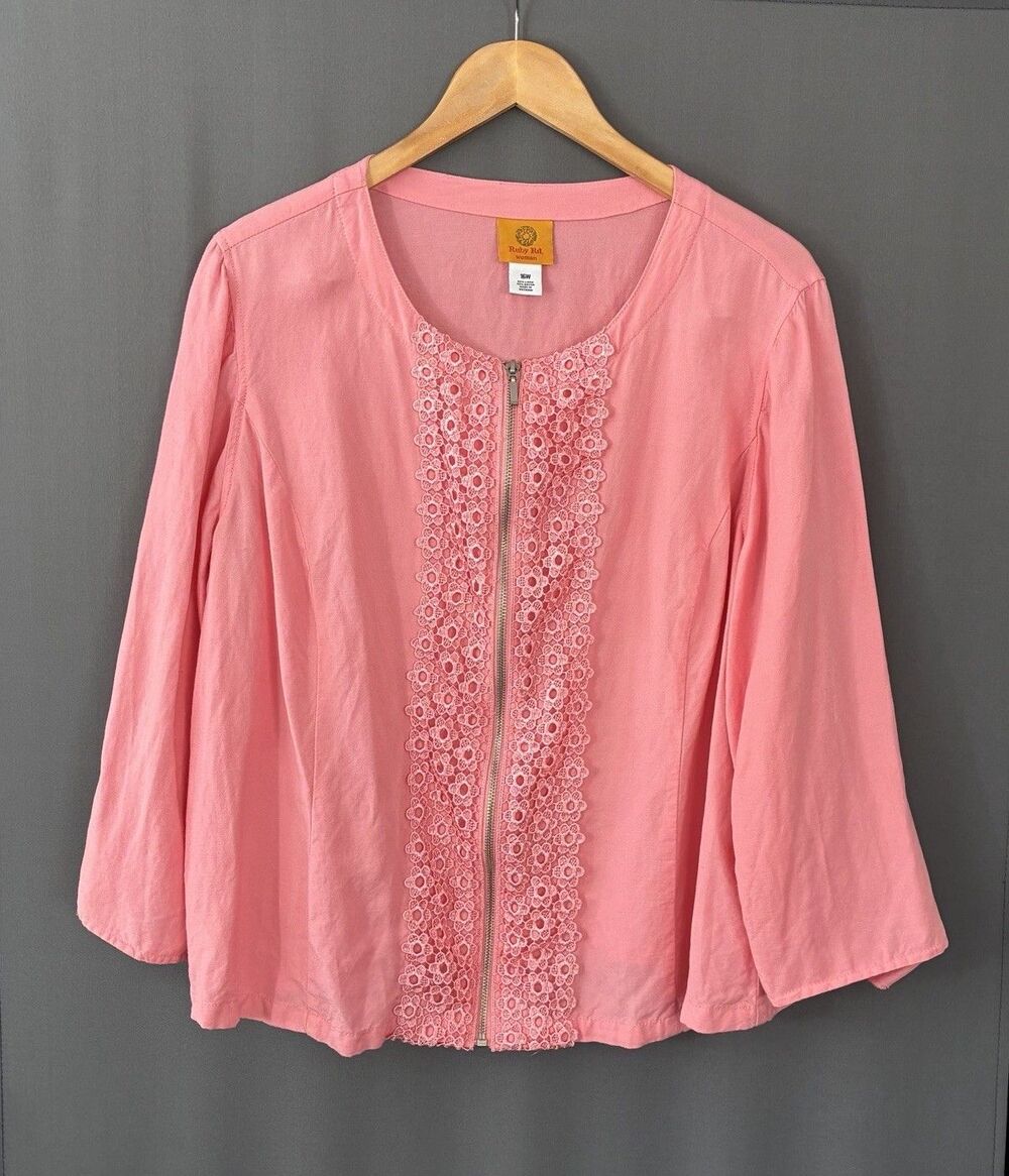 Ruby Rd Linen Blend Swing Jacket Blazer Sz 16W Salmon Pink Lace Front Full Zip